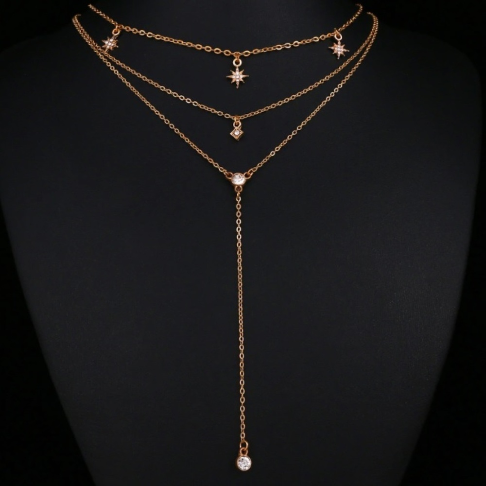 3/$30 Celestial Star Layered Drop Necklace Gold - Picture 3 of 8